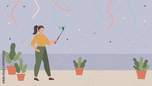 Woman taking a selfie with a phone stick at a celebration sharing party moments on social media