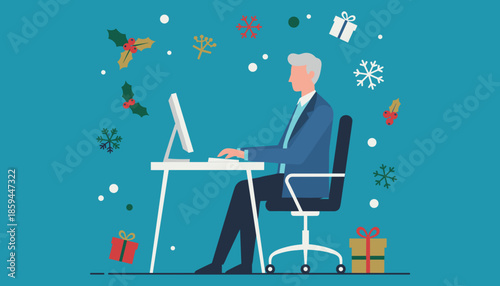 Professional man working at desk with festive winter holiday icons falling