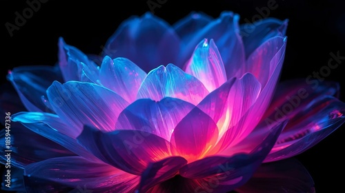 A luminous abstract flower with layered translucent petals glowing in vibrant neon colors, including electric blue, magenta, violet, cyan, and fiery orange,perfect for oled display with vibrant colors