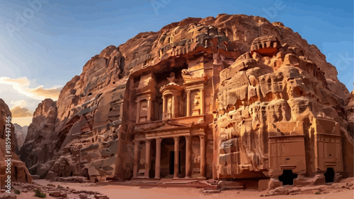 Ancient Nabataean Treasury carved into sandstone rock face in Petra Jordan.