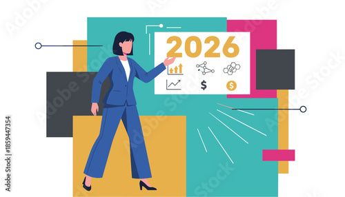 Businesswoman presenting 2026 financial forecast growth strategy and corporate planning illustration