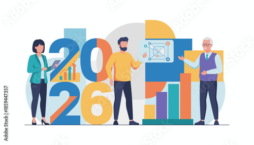 Business team planning 2026 strategy with data analysis charts and financial growth vision