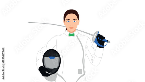 Female fencer in equipment holding sword and helmet on white background
