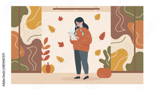 Woman crying over tablet indoors sad during autumn Seasonal depression SAD illustration