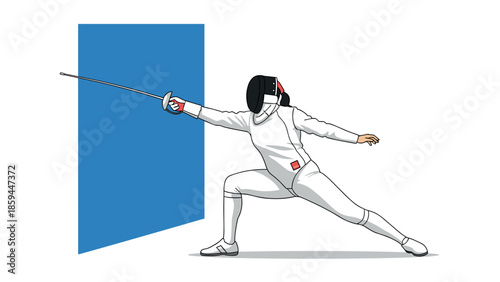 Dynamic fencer in action pose with sword against blue background