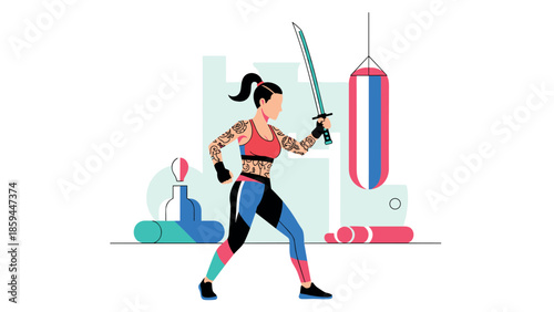 Female martial artist training with sword and punching bag in modern gym setting