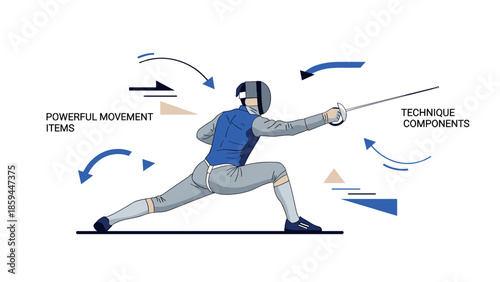 Dynamic fencing pose with abstract motion elements and technical gear