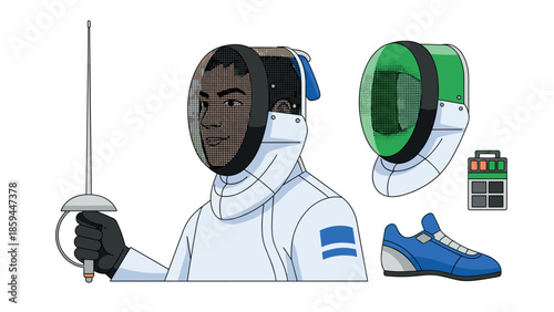 Diverse fencing equipment and athlete in action with protective gear