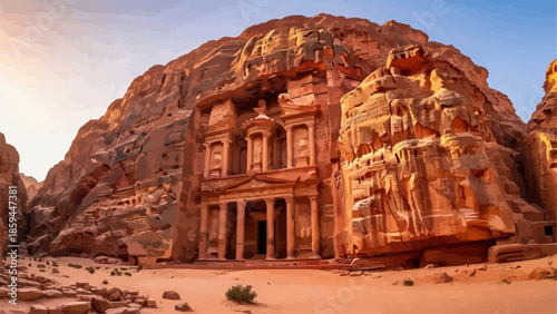 Ancient Treasury Building Carved into Rock Face in Petra Jordan.