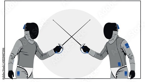Fencing duel scene with two athletes in action positioned against minimalist background