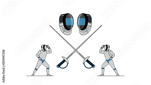 Dynamic fencing duel with helmets and sabres in minimalist design