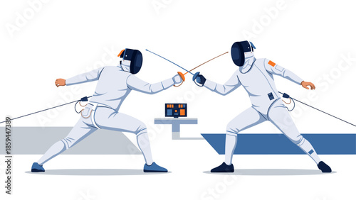 Dynamic fencing duel: two fencers engaged in energetic match with equipment