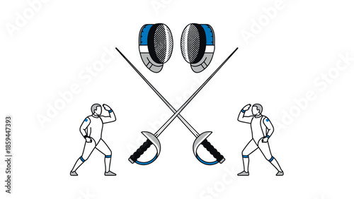 Fencing duel: linear design with swords and gear in blue accents