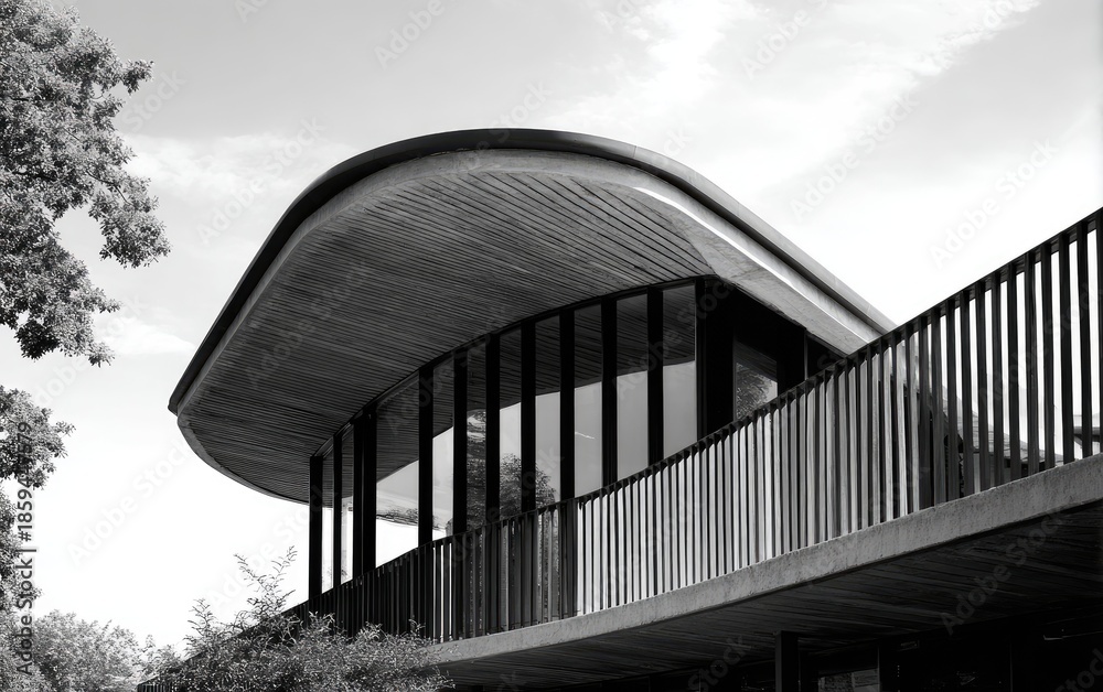 Obraz premium Modern architectural structure featuring a curved roof, glass walls, and a wood facade