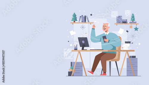 Joyful senior professional working remotely with his phone celebrating success in a festive home office
