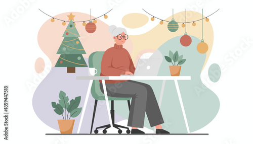Senior woman works remotely on laptop during Christmas holidays Festive home office illustration