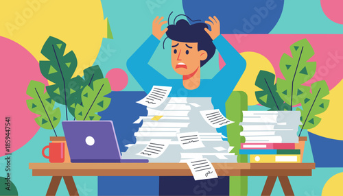 Overwhelmed businessman stressed by a giant pile of paperwork and work demands Deadline concept