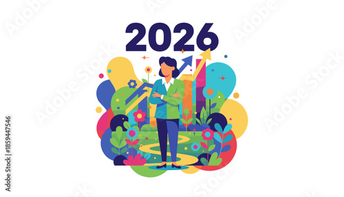Successful business woman planning 2026 financial growth and strategy in a colorful modern vector environment