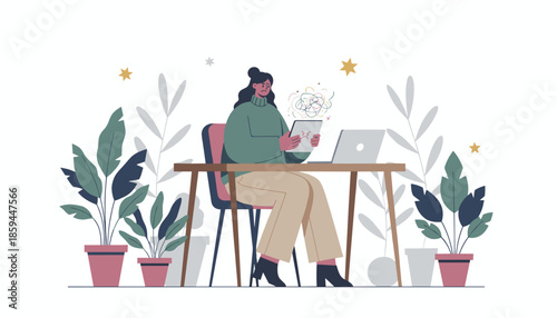 Woman experiencing burnout and confusion struggling with digital stress at her home office desk