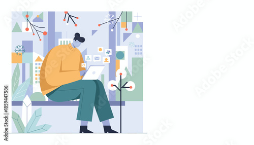 Remote worker using a laptop in a stylized urban winter setting focusing on digital communication and connection