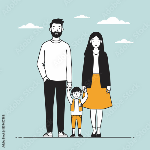 Modern editorial style minimalist hand-drawn flat vector illustration featuring a father, mother, and child standing casually side by side.