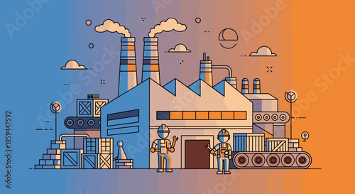 Industrial factory building illustration with workers smokestacks and production line logistics