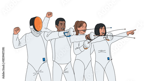 Fencers celebrating victory in dynamic pose with foils and protective gear