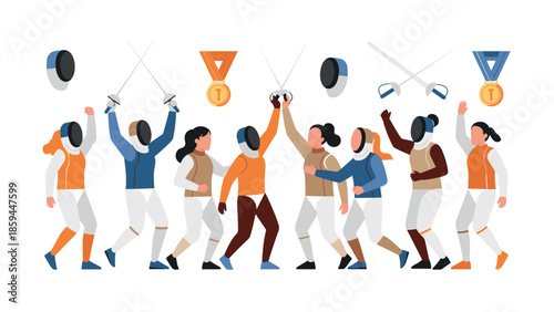 Diverse group of fencing athletes celebrating with medals