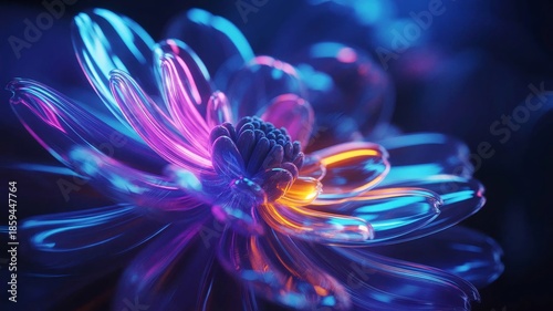 A luminous abstract flower with layered translucent petals glowing in vibrant neon colors, including electric blue, magenta, violet, cyan, and fiery orange,perfect for oled display with vibrant colors