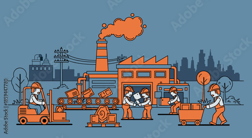 Workers operate machinery in a factory for industrial production teamwork and logistics illustration