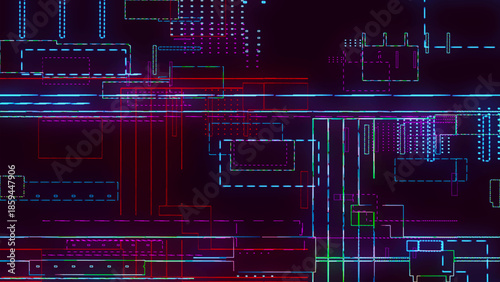 Electronic computing technologies. Processor chip on a printed circuit board, digitalization of neural networks, and cloud computing. Complex digital circuit in vector.