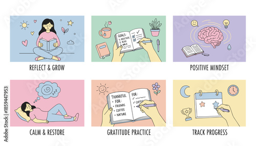 Illustrated set of daily wellness habits goal setting gratitude reading and positive selfcare routine