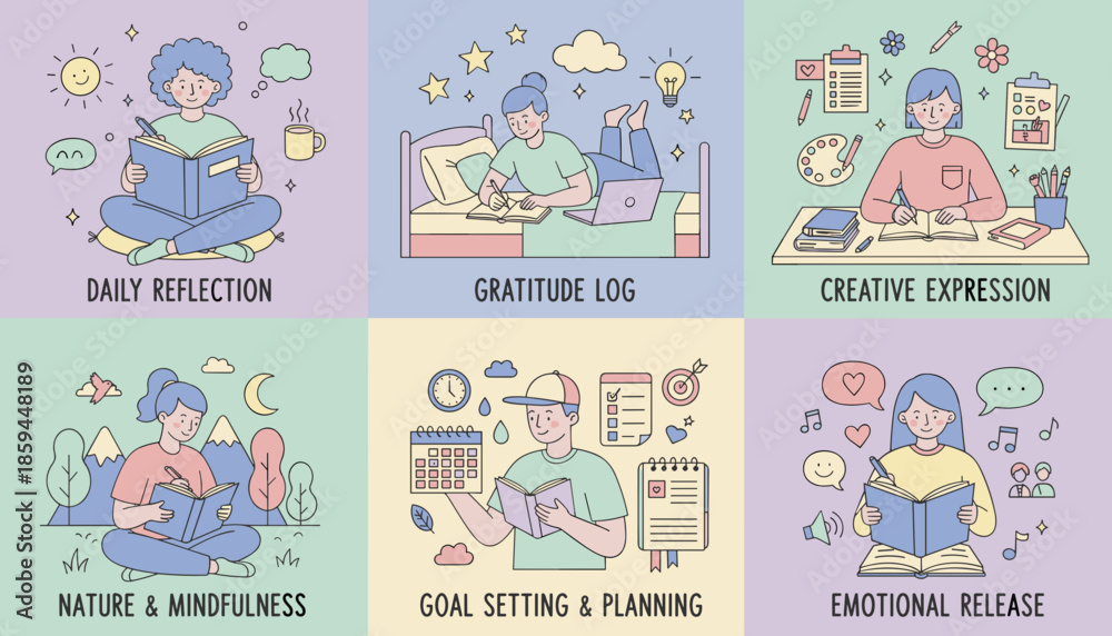 Fototapeta premium Selfcare and productivity routines journaling goal setting creative expression and reflection in vector illustration