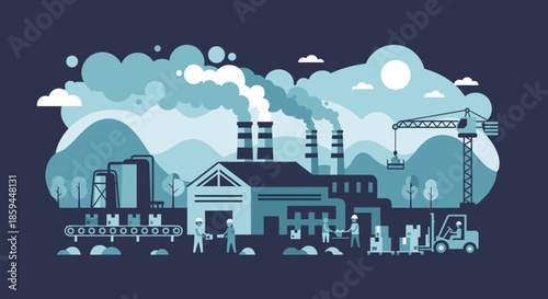 Manufacturing factory scene with workers conveyor belt forklift and smokestacks symbolizing industry and logistics