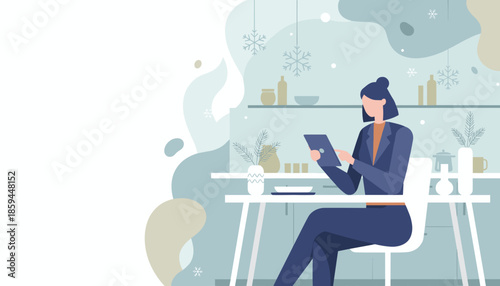 Woman uses tablet in a modern kitchen setting decorated for winter ideal for remote work