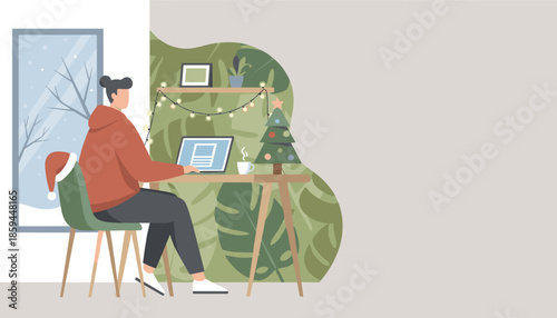 Freelancer works remotely on a laptop in a cozy festive winter home office illustration