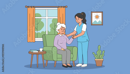 Professional caregiver helping senior woman sitting comfortably at home Home support concept illustration