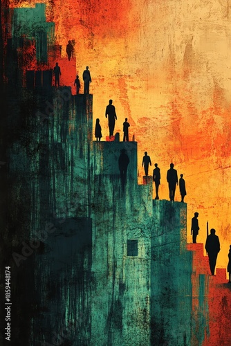 An illustrated concept of poverty and income inequality, showing economic disparity with contrasting vibrant and dull colors, generative AI style