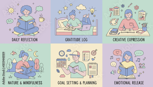 Selfcare and productivity routines journaling goal setting creative expression and reflection in vector illustration