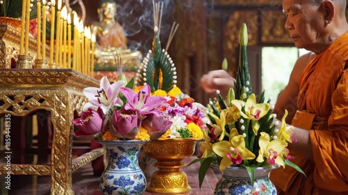 A warm close-up captures a buddhist monk offering vibrant flowers and lighting incense during a sacred temple ritual.