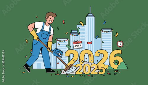 Janitor sweeping away 2025 confetti welcoming the fresh start of 2026 in the city