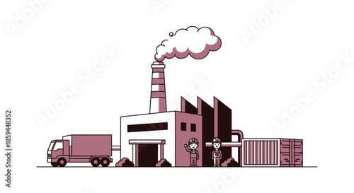 Industrial factory illustration with smokestack delivery truck storage containers and two logistics workers
