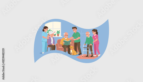 Professional caregivers assisting happy elderly people in a bright senior living environment illustration