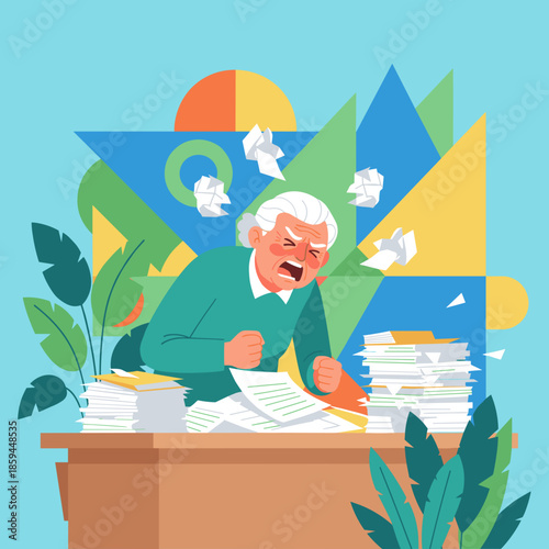 Angry senior man overwhelmed by paperwork and shouting in frustration at his office desk
