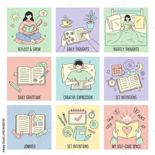Handdrawn icons illustrating journaling for mental health gratitude reflection and selfcare routines