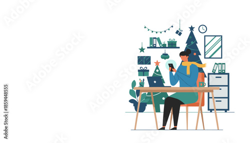 Busy woman using smartphone at a festive Christmas desk Remote work during winter holidays