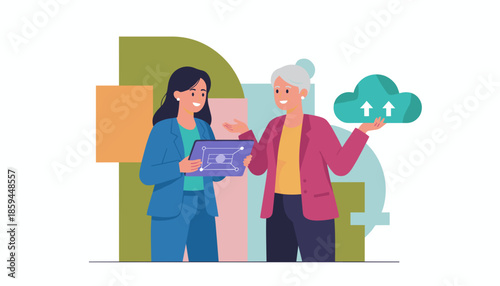 Businesswomen discussing cloud storage technology and data management using a tablet