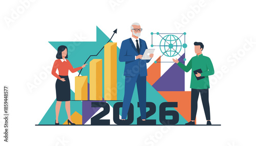 Business team planning 2026 global growth strategy using charts and networking concepts