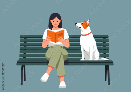 Relaxing moment as a young woman reads a captivating book on a park bench, sharing a tranquil outdoor experience with her attentive, loyal dog