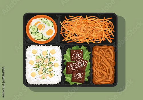 Vibrantly presented, healthy, and delicious Asian-inspired bento box meal, thoughtfully prepared for a convenient and nutritious lunch or dinner option